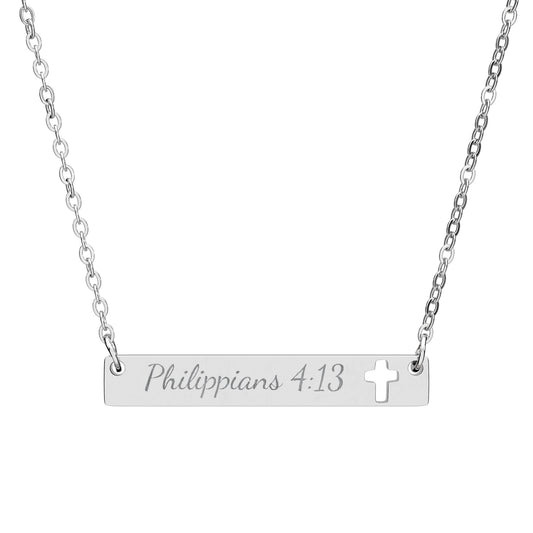 Philippians 4:13, Cutout Cross Bar Necklace (Engraving)