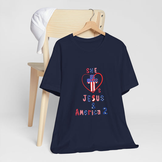 She loves Jesus and America 2 Unisex Jersey Short Sleeve Tee